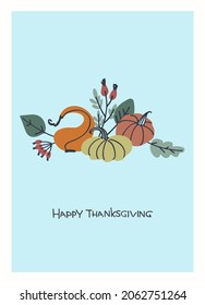 Happy Thanksgiving Day holiday design. Hand lettering decorated with pumpkins and berries on turquoise background. Greeting card template, logo
