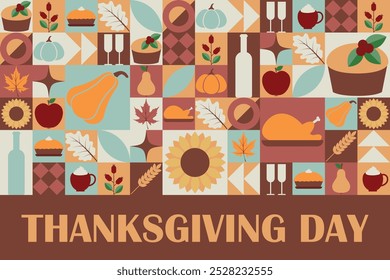 Happy Thanksgiving Day. Holiday design. Template for poster, background, banner, greeting card with text inscription. Vector illustration