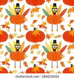 Happy Thanksgiving Day holiday fancy seamless vector flat color pattern. Cute turkey pumpkin cartoon design element. Hand drawn autumn Fall harvest holiday festival celebration background illustration