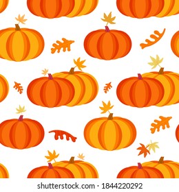 Happy Thanksgiving Day holiday fancy seamless vector flat color pattern. Cute pumpkin falling leaves cartoon design. Hand drawn autumn Fall harvest holiday festival celebration background illustration