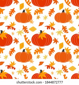 Happy Thanksgiving Day holiday fancy seamless vector flat color pattern. Cute pumpkin falling leaves cartoon design. Hand drawn autumn Fall harvest holiday festival celebration background illustration