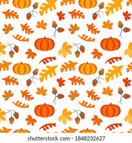 Happy Thanksgiving Day holiday fancy seamless vector flat color pattern. Cute pumpkin falling leaves cartoon design. Hand drawn autumn Fall harvest holiday festival celebration background illustration