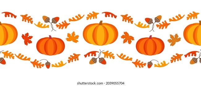 Happy Thanksgiving Day holiday geometric seamless vector border pattern. Cute pumpkin, oak leaves nuts cartoon design element. Autumn Fall harvest holiday festival celebration background illustration