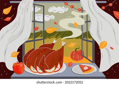 Happy Thanksgiving Day holiday greeting card. Aroma of delicious roasted turkey and baked pumpkin pie flies out open window. Traditional dish autumn celebration poster. Vector hand drawn illustration