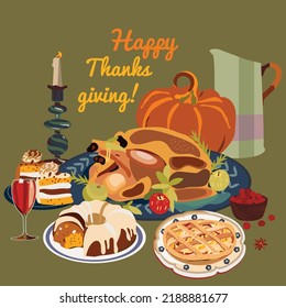 happy thanksgiving day holiday greeting card. Pumpkin, roast turkey, pumpkin pie, fruite and candle. Vector design for paper, fabric and other surface.