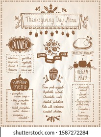 Happy Thanksgiving day holiday menu board - dinner, pumpkin and vegan menu, roasted turkey, autumn seasonal dishes