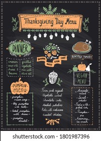 Happy Thanksgiving day holiday menu chalkboard - dinner, pumpkin and vegan menu, roasted turkey and autumn seasonal dishes