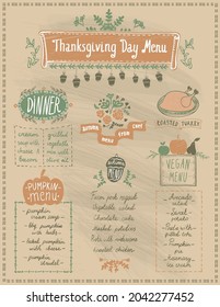 Happy Thanksgiving day holiday menu board template - dinner, pumpkin and vegan menu, roasted turkey and autumn seasonal dishes