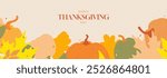 Happy Thanksgiving Day horizontal banner. Trendy Thanksgiving Day banner with pumpkins and fall foliage - horizontal background perfect for social media, greeting cards, promotion and advertising.