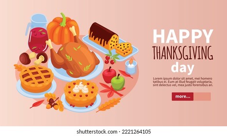 Happy thanksgiving day horizontal banner decorated with pumpkin turkey pie and fruits isometric vector illustration