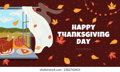 Happy Thanksgiving day horizontal banner. Traditional autumn Thanks Giving celebration greeting card with turkey and pumpkin pie. Seasonal fall family holiday print. Retro drawing art vector eps cover