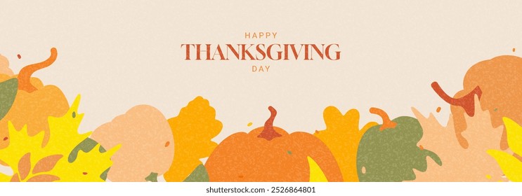 Happy Thanksgiving Day horizontal banner. Trendy Thanksgiving Day banner with pumpkins and fall foliage - horizontal background perfect for social media, greeting cards, promotion and advertising.