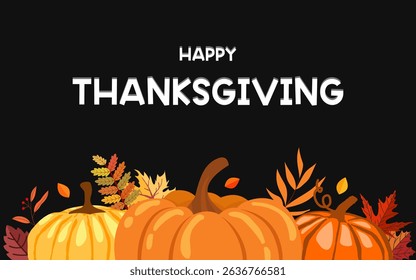 Happy Thanksgiving Day horizontal banner. Trendy Thanksgiving Day banner with pumpkins and fall foliage - horizontal background perfect for social media, greeting cards, promotion and advertising.