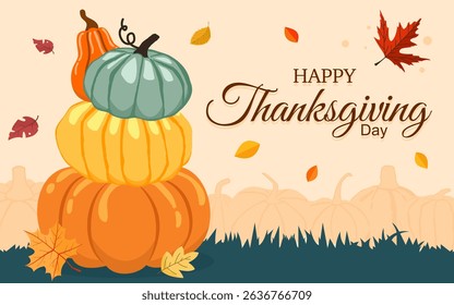 Happy Thanksgiving Day horizontal banner. Trendy Thanksgiving Day banner with pumpkins and fall foliage - horizontal background perfect for social media, greeting cards, promotion and advertising.