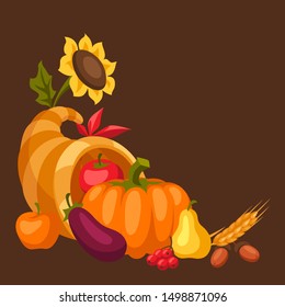 Happy Thanksgiving Day horn of plenty with seasonal fruits and vegetables.