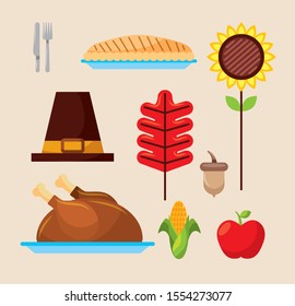 Happy thanksgiving day icon set design, Autumn season holiday greeting and traditional theme Vector illustration