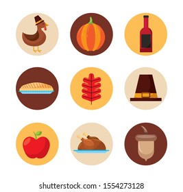 Happy thanksgiving day icon set design, Autumn season holiday greeting and traditional theme Vector illustration