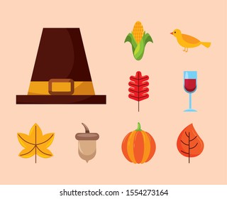 Happy thanksgiving day icon set design, Autumn season holiday greeting and traditional theme Vector illustration