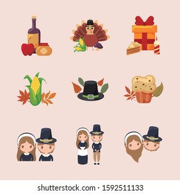 Happy thanksgiving day icon set design, Autumn season holiday greeting and traditional theme Vector illustration