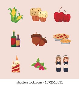 Happy thanksgiving day icon set design, Autumn season holiday greeting and traditional theme Vector illustration