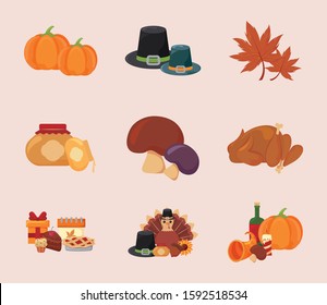 Happy thanksgiving day icon set design, Autumn season holiday greeting and traditional theme Vector illustration