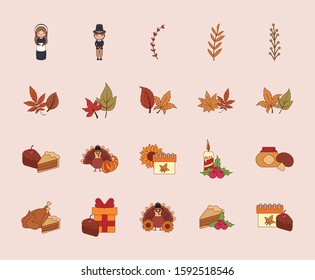 Happy thanksgiving day icon set design, Autumn season holiday greeting and traditional theme Vector illustration