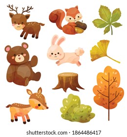 Happy Thanksgiving Day icon with Squirrel, bear, rabbit, deer, stumps and leaves