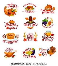 Happy Thanksgiving Day icons for autumn holiday greeting card. Fall season harvest pumpkin, turkey and fallen leaf, vegetable and fruit cornucopia, pilgrim hat, apple pie and wheat isolated symbols