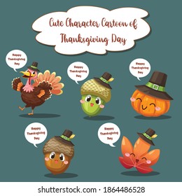 Happy Thanksgiving Day icons with berry, walnut, leaf and dried pine cones.