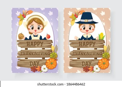 Happy Thanksgiving Day icons with Girls and signs made of various wood.