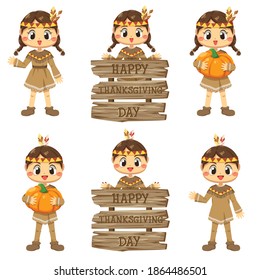 Happy Thanksgiving Day icons with Girls and signs made of various wood.