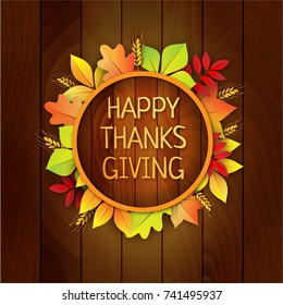 Happy Thanksgiving Day illustration with autumn leaves on wood background