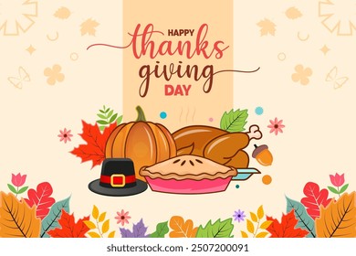 Happy thanksgiving day illustration background with colorful maple and leaves. Modern hand drawn pumpkin, turkey, pie and hat vector in soft color.