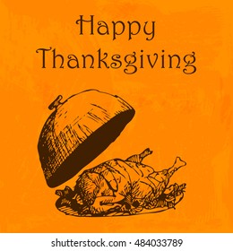 Happy Thanksgiving Day illustration. Doodle hand drawn turkey, orange watercolor background Greeting card, poster, flyer