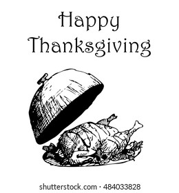 Happy Thanksgiving Day illustration. Doodle hand drawn turkey, white background. Greeting card, poster, flyer