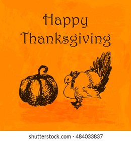 Happy Thanksgiving Day illustration. Doodle hand drawn turkey and pumpkin, orange watercolor background