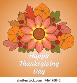 Happy thanksgiving day. Illustration with pumpkin, flower, oak and maple leaves.