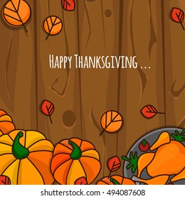 Happy Thanksgiving Day illustration.Vector objects. Wooden Background.Pumpkins, turkey and leaves.