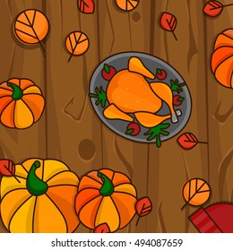 Happy Thanksgiving Day illustration.Vector objects. Wooden Background.Pumpkins, turkey and leaves.
