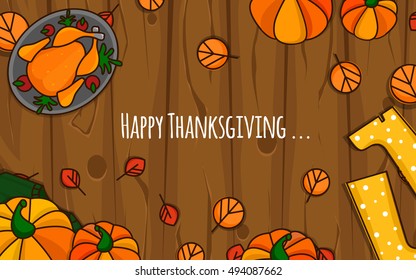 Happy Thanksgiving Day illustration.Vector objects. Wooden Background.Pumpkins, turkey and leaves.