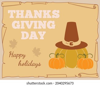 Happy thanksgiving day. An image of three pumpkins and a brown hat on a light background. Vector illustration