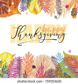 Happy Thanksgiving Day inscription on autumn background with autumn leaves. Great design element for congratulation cards, banners, poster and other.