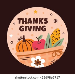 Happy Thanksgiving Day Label. thanks giving celebration. Happy Thanksgiving background. November 23. Cartoon Vector Illustration for Card, Sticker, Label. Template. Thanksgiving day elements.