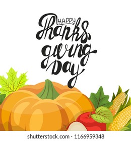 Happy Thanksgiving day leaves and pumpkin banner on wood background. pumpkin vegetable with green leaves vector illustration
