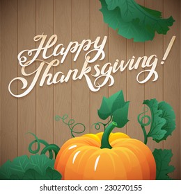 Happy Thanksgiving day leaves and pumpkin banner on wood background. pumpkin vegetable with green leaves vector illustration 