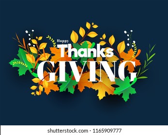 Happy Thanksgiving Day lettering with autumn leaves, berries and bushes on blue background can be used as greeting card design.