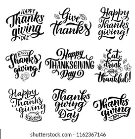 Happy Thanksgiving day lettering calligraphy for greeting card design. Vector holiday wish quotes for Thanks, Be Grateful with turkey dish, autumn leaf and ribbons