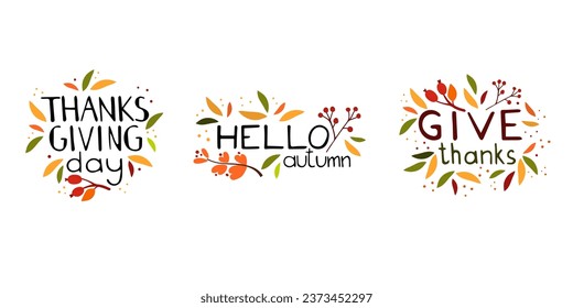 Happy thanksgiving day. Lettering and illustration. Harvest pumpkin with text, handwritten phrases with seasonal design isolated flat cartoon elements, postcard poster and labels. Vector doodle set