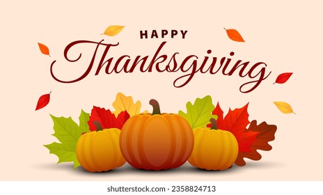 Happy Thanksgiving day lettering text background. Thanksgiving greeting card design with autumn leaves and pumpkin. Vector illustration