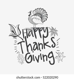 Happy Thanksgiving Day line art style lettering card with autumn leaves,turkey bird on isolated background.Happy Thanksgiving poster or banner.